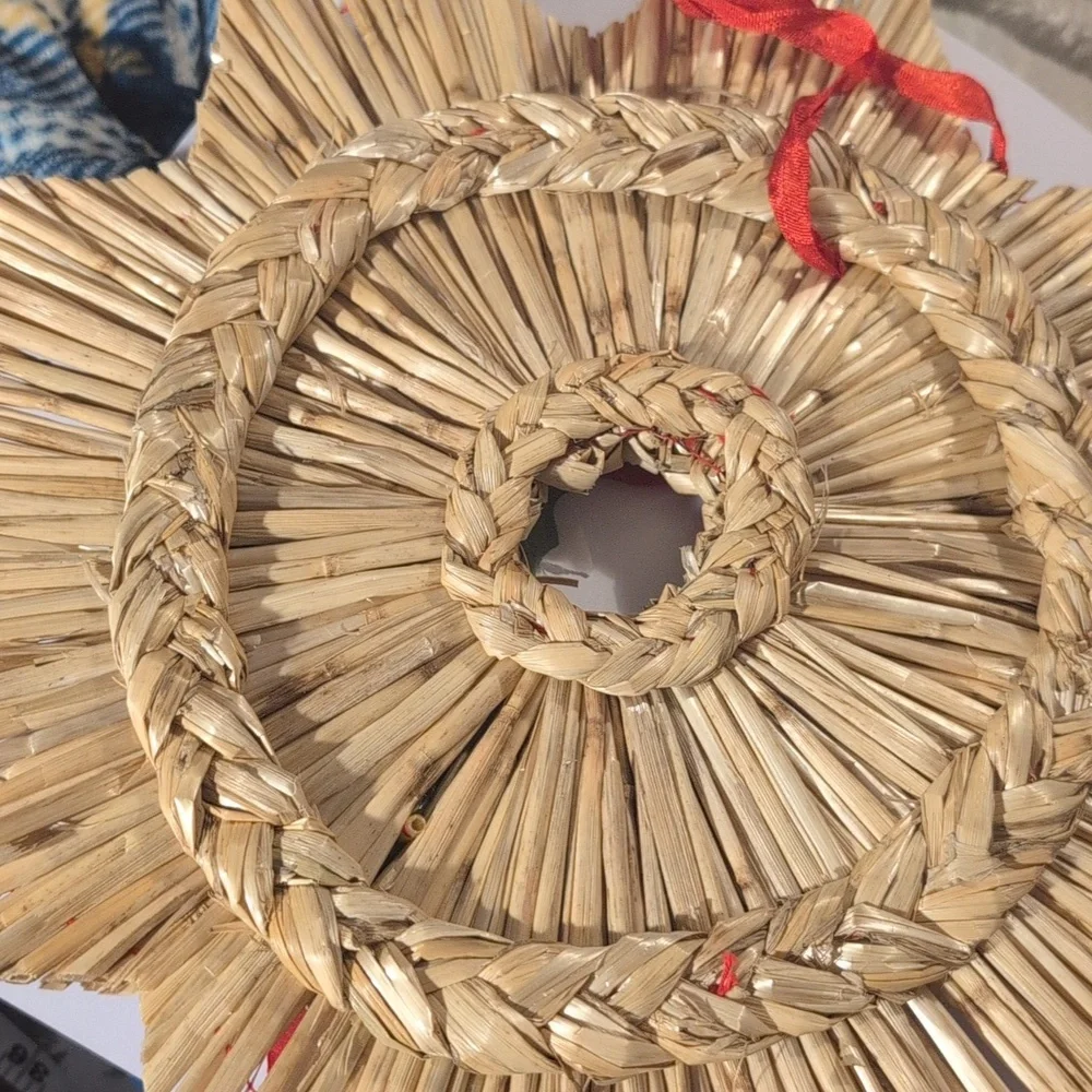Vintage Holiday Swedish‎ Braided Straw Star Christmas Wreath Poinsettia Rare